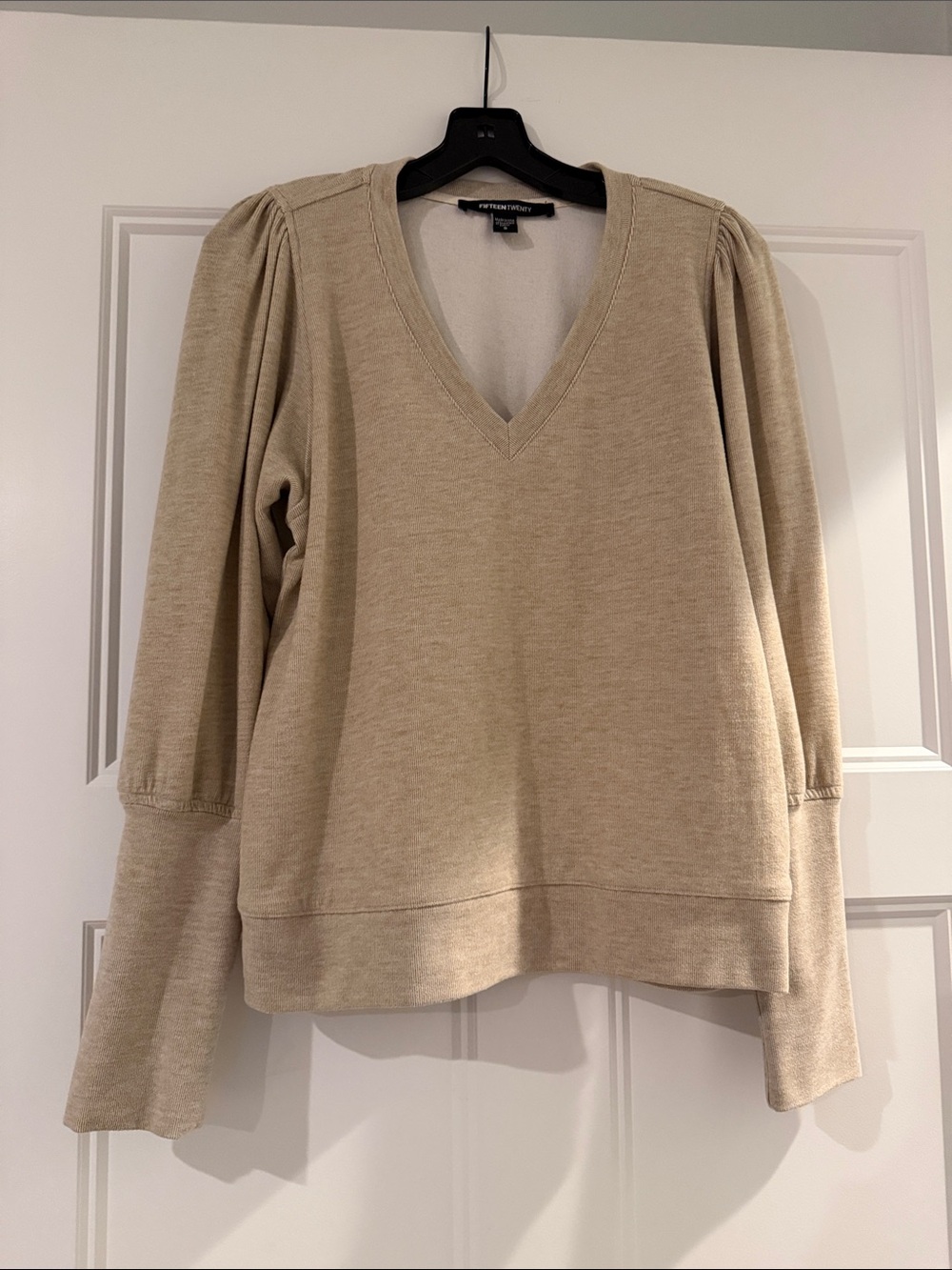 Beige V-Neck Puff Shoulder Sweatshirt - size S